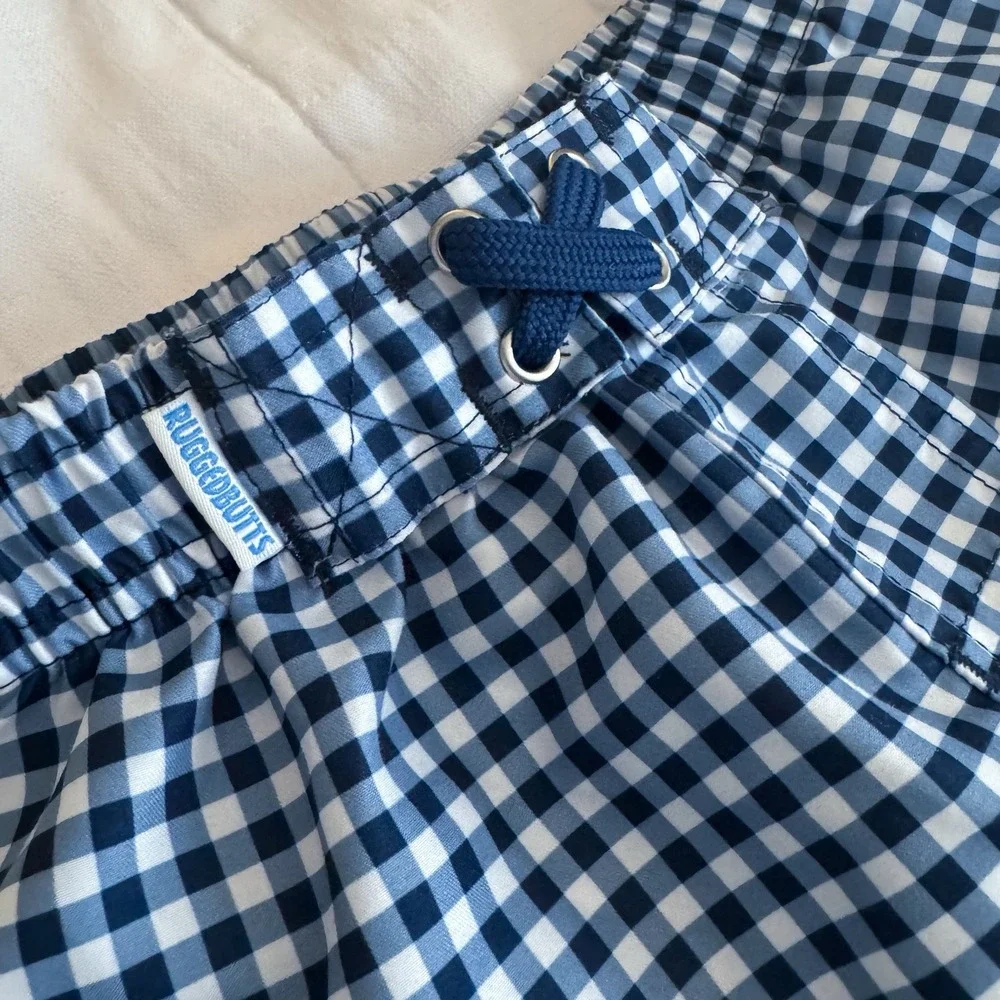RuggedButts Boys 3T Gingham Swim Trunks Navy Ue White Lined Preppy EUC